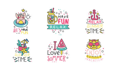 Summer Vacation Quote with Let's Have Fun and Relax Inscription Vector Set