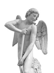 Angel statue isolated on white background with clipping path. White stone sculpture of praying...