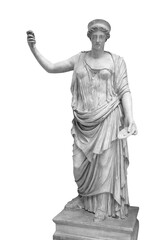 Fototapeta na wymiar Statue of the Greek goddess Hera or the Roman goddess Juno isolated on white with clipping path. Goddess of women, marriage, family and childbirth. Ancient sculpture