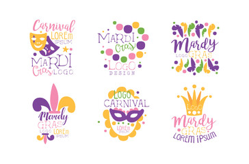 Mardi Gras Carnival and Festive Typography Label with Mask and Feather Vector Set © topvectors