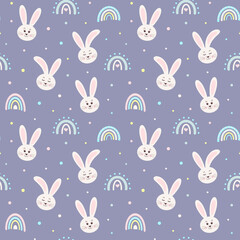 Cute seamless pattern with bunnies head and boho rainbows. Scandinavian childish background. Great for textile, fabric prints, wrapping paper.