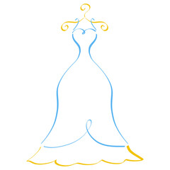 lush long blue dress for a princess or bride on a hanger, colorful outline on a white background