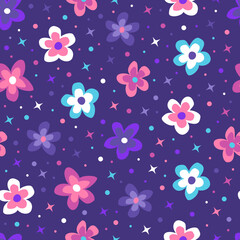 Modern fashionable vector seamless floral ditsy pattern design of flowers, polka dots and stars. Elegant repeating texture with blue background