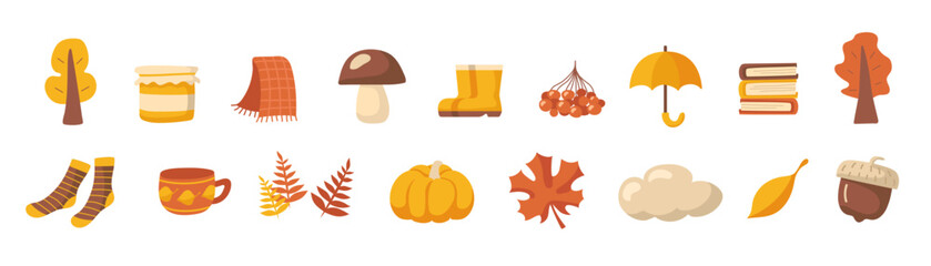 Autumn set. Set of autumn elements. Vector clipart isolated on white background.
