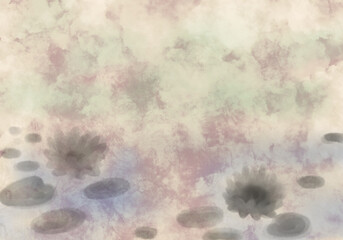 水墨の睡蓮の花のある幻想的な和風テクスチャ背景