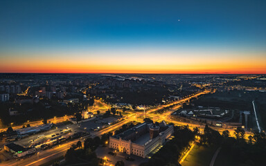 Lublin city center seen from a drone at night