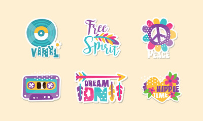 Hippie Retro Vintage Stickers with Vinyl, Peace Sign, Feather and Cassette Vector Set