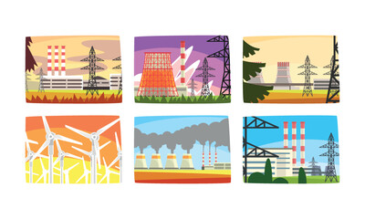 Fototapeta Power and Energy Generation with Nuclear Plant and Wind Generator Picture View Vector Set obraz