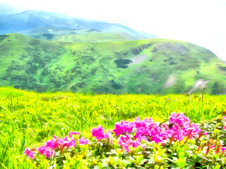 Beautiful landscape, green mountain with trees and beautiful pink flowers. Sunny summer forest. Watercolor drawing picture