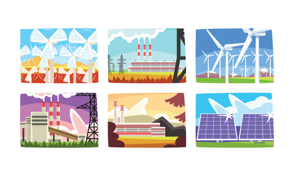 Power and Energy Generation with Nuclear Plant and Wind Generator Picture View Vector Set