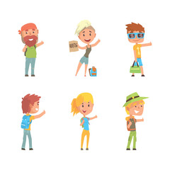 People Travelling by Hitchhiking or Autostop Thumbing Standing on the Road Vector Set