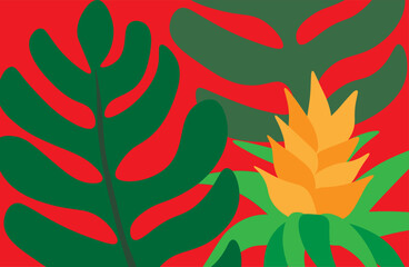 Tropical plants on red background.