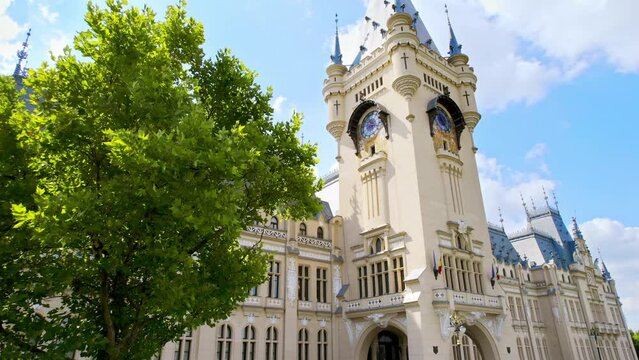 Aerial drone view of the Palace of Culture in Iasi downtown, Romania. Square with greenery in front of it