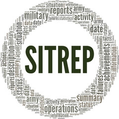 Sitrep - Military Situation Report word cloud conceptual design isolated on white background.