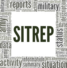 Sitrep - Military Situation Report word cloud conceptual design isolated on white background.