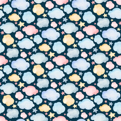 Obraz na płótnie Canvas Watercolor seamless pattern cartoon fox cub, stars, clouds. Cute baby patterns. For fabric, textile, children's design