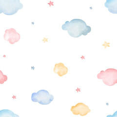 Watercolor seamless pattern cartoon fox cub, stars, clouds. Cute baby patterns. For fabric, textile, children's design