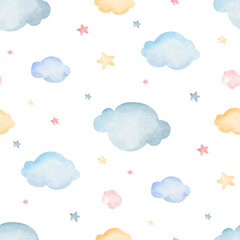 Watercolor seamless pattern cartoon fox cub, stars, clouds. Cute baby patterns. For fabric, textile, children's design