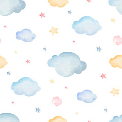 Watercolor seamless pattern cartoon fox cub, stars, clouds. Cute baby patterns. For fabric, textile, children's design