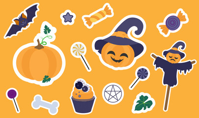 Set of cartoon halloween stickers. Hand drawn illustration. .Vector collection of Halloween elements