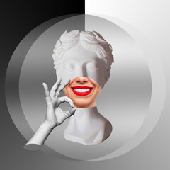 Antique smiling female statue's head with red lips shows the ok gesture with hand on black and white background. 3d trendy abstact collage in magazine surreal style. Contemporary art. Modern design