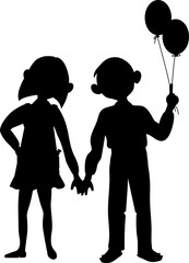 Happy boy and girl are always together. They are good friends. Silhouette black