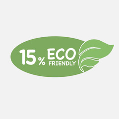 15% Eco friendly green leaf label sticker. 2d vector illustration. Eco friendly stamp icons Vector illustration with Green organic plant leaf.