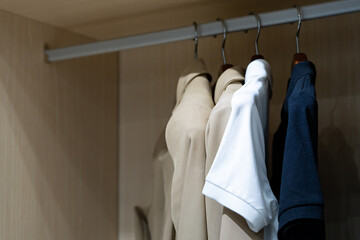Shirts hang in a walking closet with glass door. One of those is in white standout from others that are in beige and dark blue.