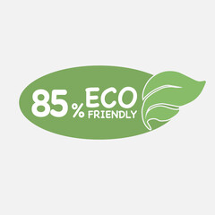 85% Eco friendly green leaf label sticker. 2d vector illustration. Eco friendly stamp icons Vector illustration with Green organic plant leaf.