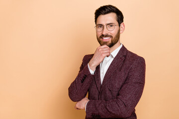 Photo of cheerful intelligent young businessman have interview with new employee isolated on beige color background