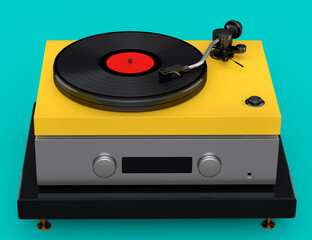 Fototapeta premium Vinyl record player or DJ turntable with retro vinyl disk on green background.