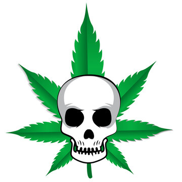 No drug sign background image with skull and weed. Marijuana leaf pattern cartoon background image.