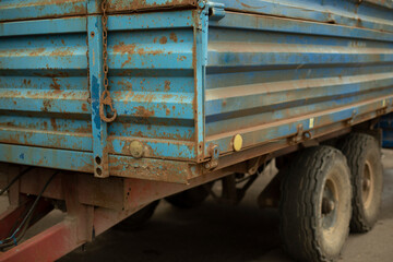 Tractor kitchens. Container for rural works. Freight transport in detail. Blue trailer.