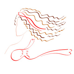 woman in summer swimsuit with long wavy hair fluttering in the wind, abstract colorful sketch