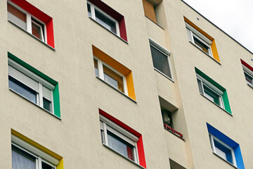Colorful, newly renovated block of flats in Eastern Hungary from the communist times.