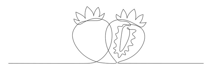 Strawberry continuous one line drawing. Hand drawn linear strawberries with leaf. Vector illustration isolated on white.