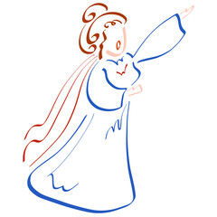 loudly singing opera singer in a long blue dress and cape, stage image, abstract colorful sketch