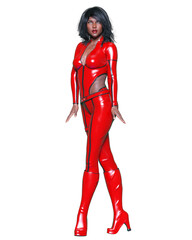 Tall woman in leather red bodysuit.