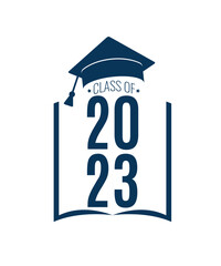 Class of 2023 holiday. Blue number, education academic cap and open book on white background. Template for graduation design frame, high school, college congratulation graduate. Vector illustration.