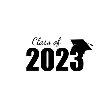 Class of 2023. Black number with education academic caps. Template for graduation design, high school or college congratulation graduate, yearbook. Vector illustration.