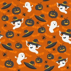 Fototapeta na wymiar Halloween seamless pattern of pumpkin lanterns and ghosts