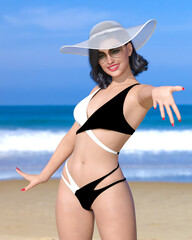 Woman swimsuit hat on beach.