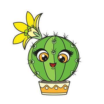Cute circle cartoon cacti with flower in a pot color variation for coloring page on white background