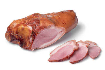 Traditional Croatian  smoked pork knuckle and slices close up isolated on white background