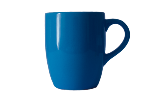 Shiny ceramic blue color mug or cup for tea, coffee, hot beverage or water. Isolated background, selective focus.	