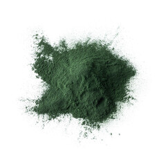 Heap of green spirulina powder on white background