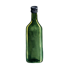 watercolor drawing green glass bottle at white background, hand drawn illustration