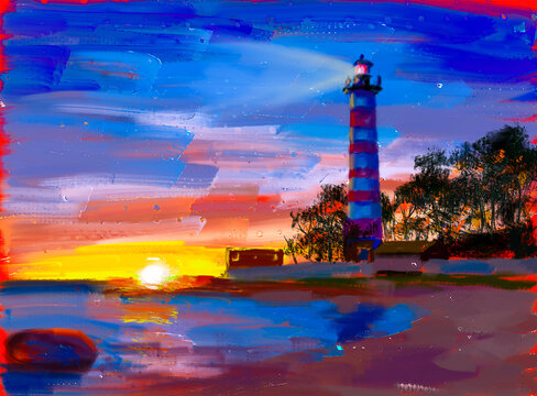 Lighthouse sea at sunset landscape. Oil painting