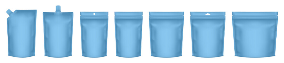 Set of realistic doy pack mockups. Blue flow pack, sachet, zip bag and doypack