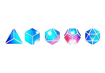 Platonic solids, five regular polyhedra, geometry, tetrahedron, cube, octahedron, dodecahedron, icosahedron, isolated - obrazy, fototapety, plakaty